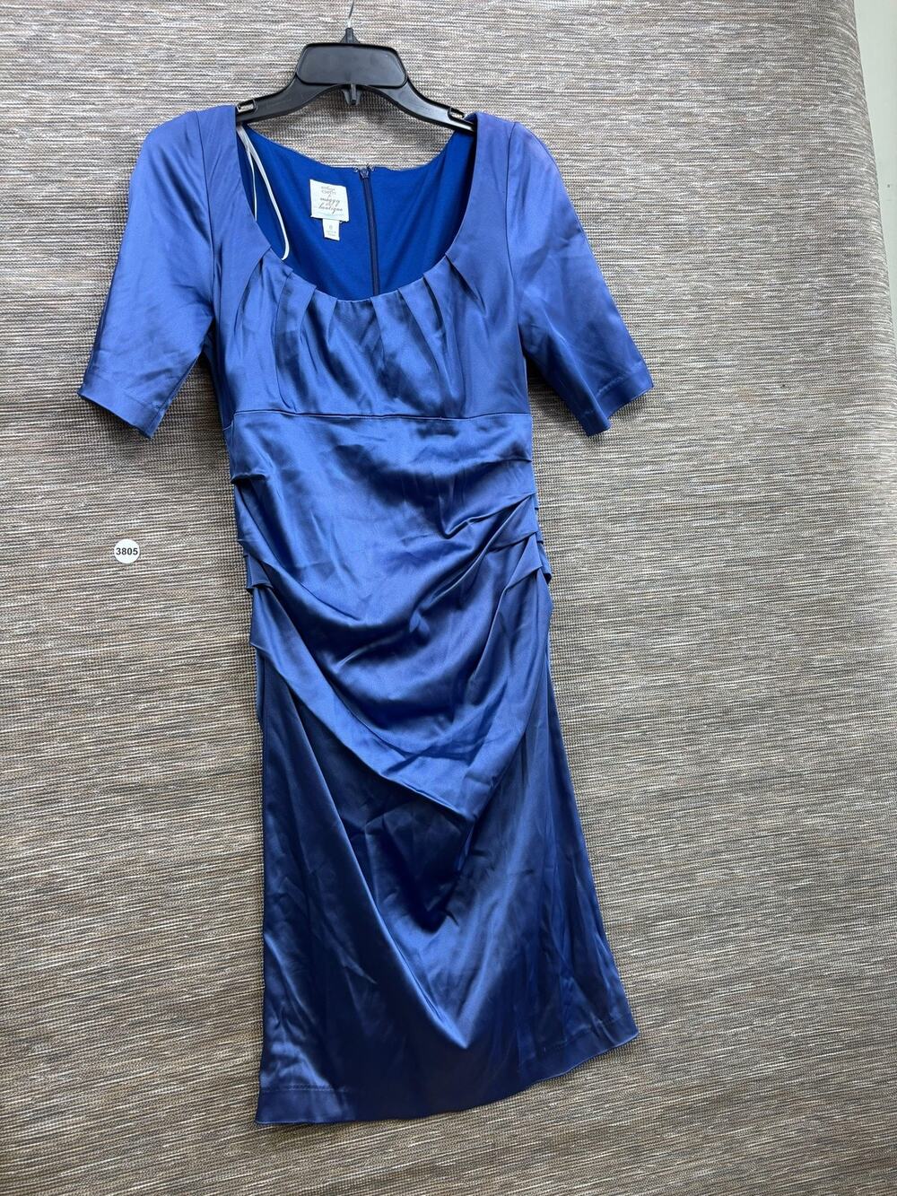 Suzi Chin For Maggy Boutique Dress Womens 8 Blue Ruched Satin Sheath Knee Length